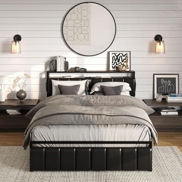 Bestier Brown Metal Frame Queen Size Platform Bed with Charge Station and Storage Headboard and Drawers Rustic