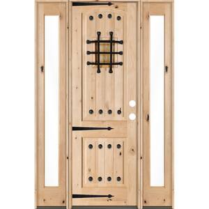 58 in. x 96 in. Mediterranean Knotty Alder Left-Hand/Inswing Clear Glass Clear Stain Wood Prehung Front Door w/Sidelite