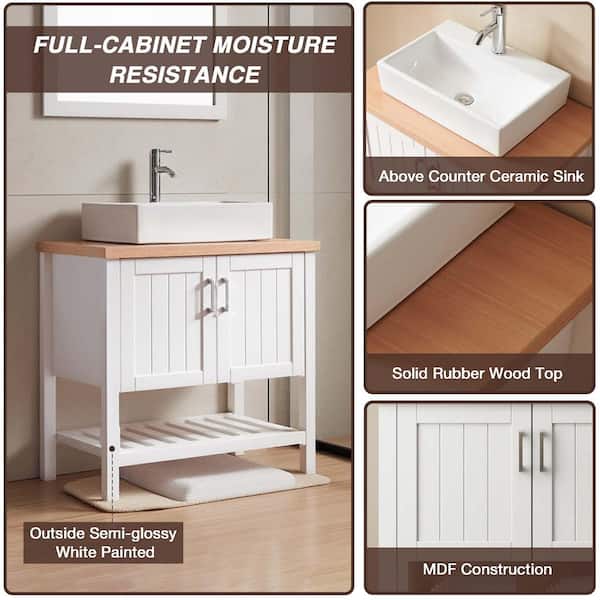 32 in. Freestanding Single Sink White Bath Vanity with Natural Solid Wood Top and Ceramic Sink (Self Assembly Needed)