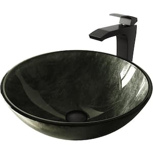 Glass Round Vessel Bathroom Sink in Onyx Gray with Blackstonian Faucet and Pop-Up Drain in Matte Black