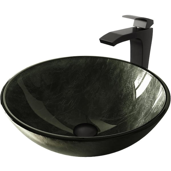 VIGO Glass Round Vessel Bathroom Sink in Onyx Gray with Blackstonian Faucet and Pop-Up Drain in Matte Black