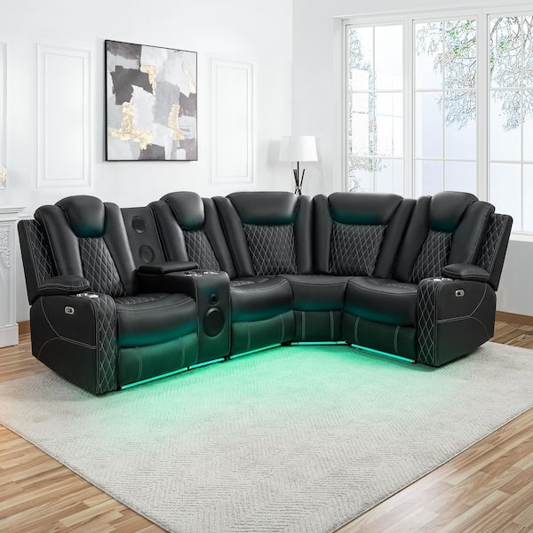 110.63 in. Theater-Style Air Leather Reclining Sectional Sofa with Adjustable Headrests-5-Seater in Black