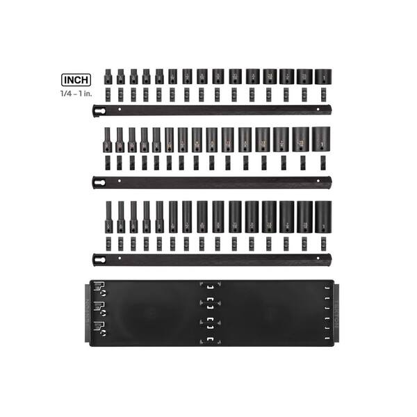 3/8 Inch Drive Shallow, Semi-Deep, and Deep 12-Point Impact Socket Set with Rails and Trays, 45-Piece (1/4-1 in. )