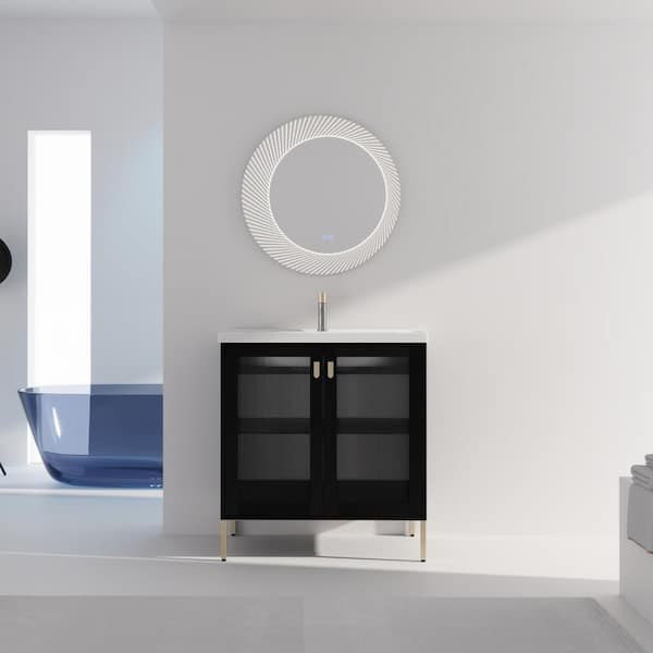 32 in. Soft Closing Door Freestanding Bath Vanity with White Ceramic Top in Black