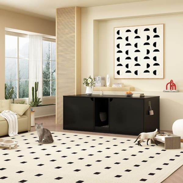 Cat Litter Box Enclosure for 2 Cats, Wood Stackable Cat Washroom Storage Bench End Table Furniture, Black