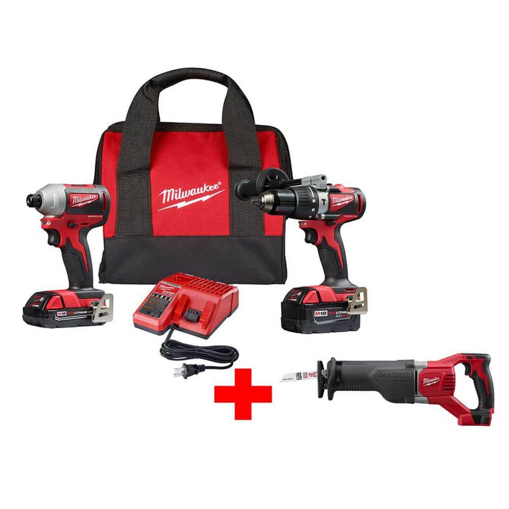 Milwaukee M18 18V Lithium-Ion Brushless Cordless Hammer Drill and Impact Combo Kit with Free M18 SAWZALL Reciprocating Saw -  2893-22CX-2621