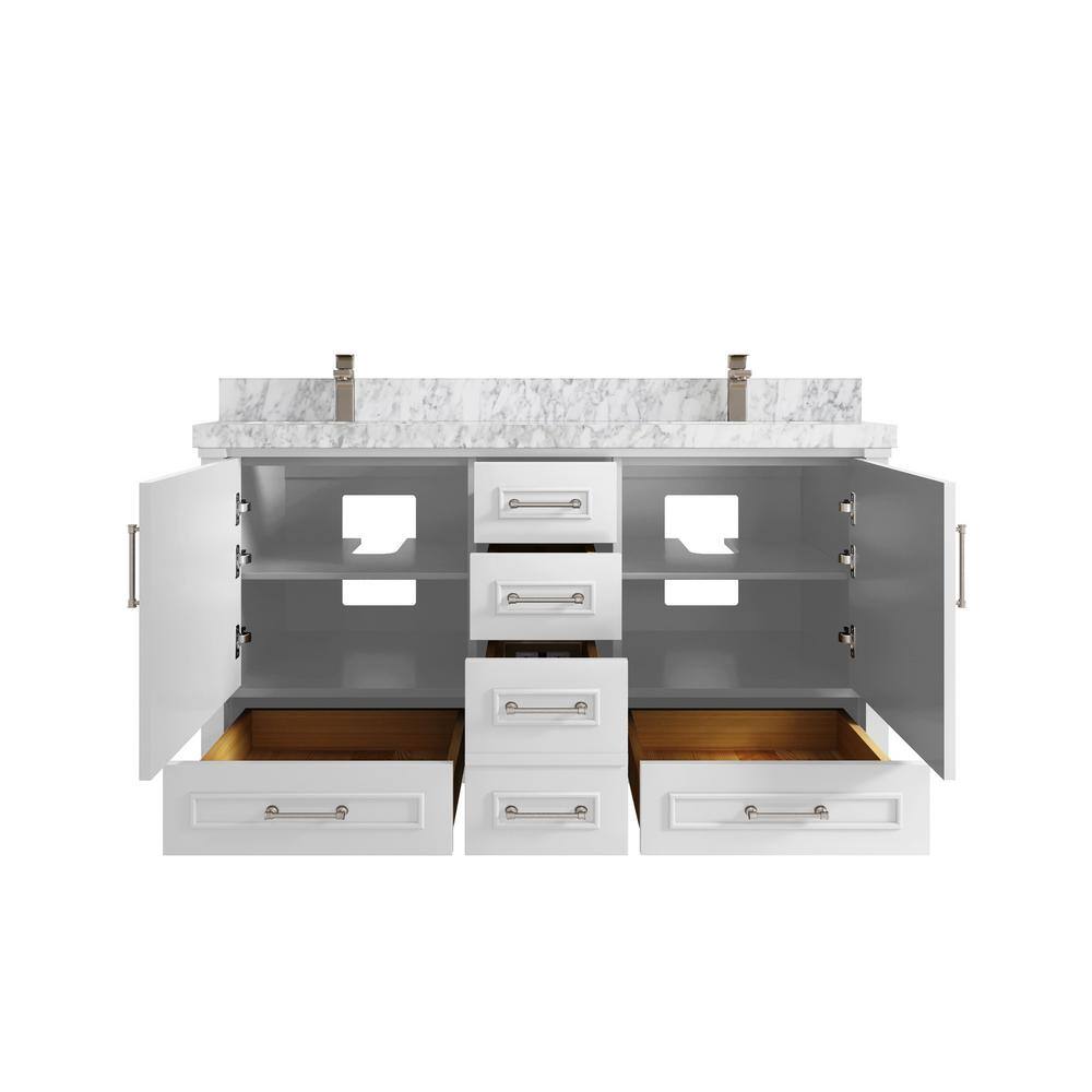 Aberdeen 60" White Solid Wood Double Sink Vanity with Carrara Marble Top