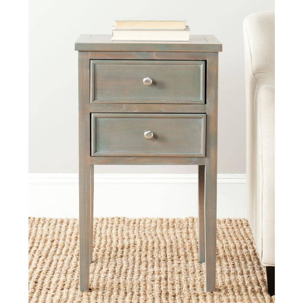 Transitional Ash Grey Elm Wood Nightstand with Metal Pulls