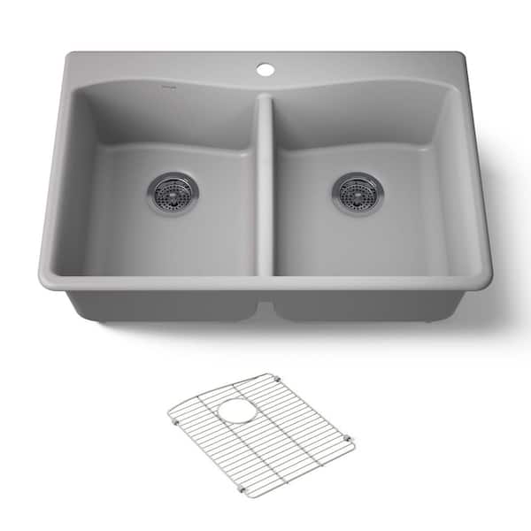 Kennon Matte Grey Solid Surface 33 in. Double Bowl Drop-In Kitchen Sink