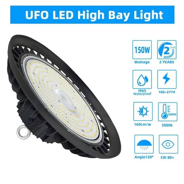 Honbei 11 in. 450-Watt Equivalent Integrated LED Dimmable Black High Bay Light, 5000K UFO High Bay LED Lights for Workshop