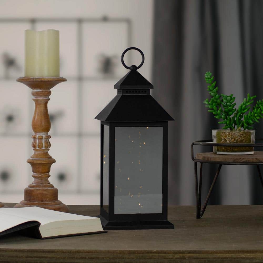 LumaBase Battery Operated Metal Lantern with LED Candle - Black Window (17  inches)