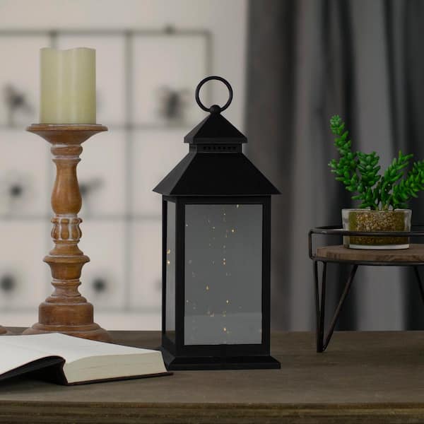 12 in. Black LED Lighted Battery Operated Lantern Warm White Flickering  Light