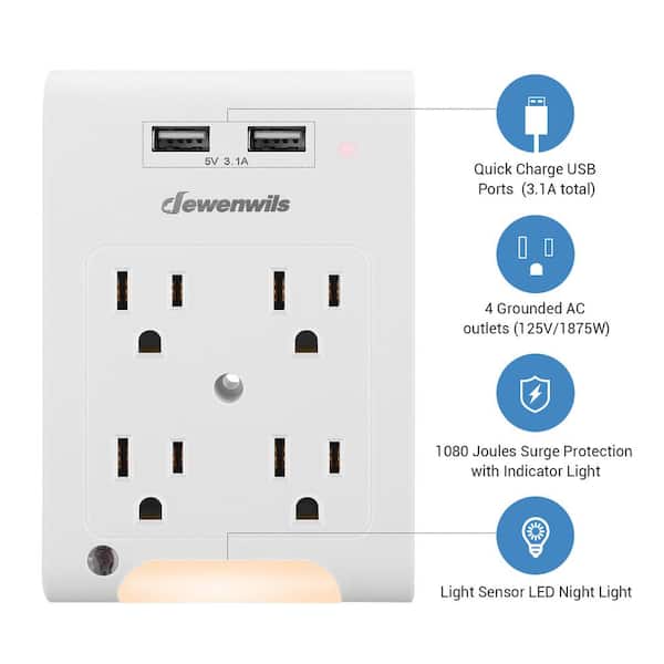 4-Grounded Outlet Wall Adapter w/ Light Sensor Night Light and Surge Protection (1080J), Quick Charge USB Ports (1-Pack)