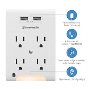 Grounding 4-Outlet Wall Adapter AC/DC Adapter with Night Light, 1080 Joules Surge Protector, White, (1-Pack)
