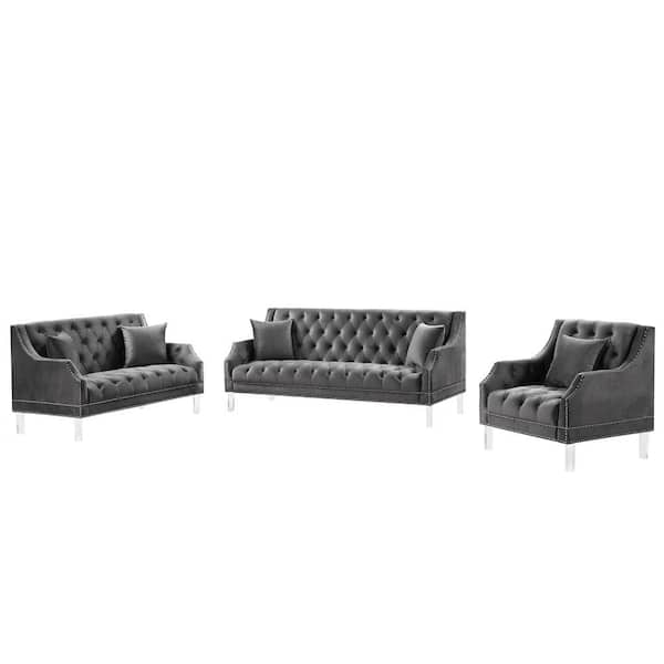 Morden Fort 3-Pieces Top in Gray Living Room Sofa Set Fabric Dutch Velvet, Chair, Loveseat, Sofa