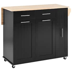 Black Rubber Wood 46 in. W Kitchen Island with Drop Leaf, 3 Tier Pull Out Cabinet Organizer, Towel Rack, 2 Drawers