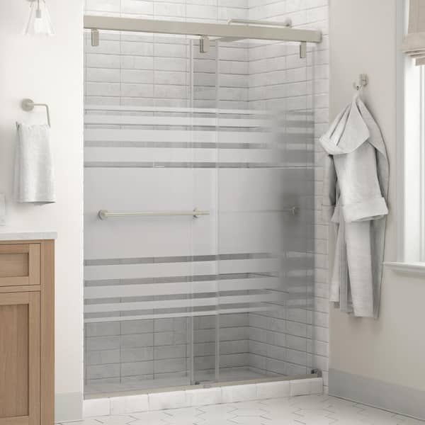 Delta Crestfield Mod 50-1/8 to 58-1/2 in. W x 71-1/2 in. H Soft-Close Frameless Sliding Shower Door, Nickel,Transition Glass