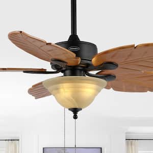 Poinciana 52 in. 3-Light Coastal Bohemian Indoor, Light Brown Iron/Wood Palm Leaf LED Ceiling Fan with Pull Chain