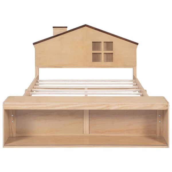 Nestfair Brown Wood Frame Full Size Platform Bed with LED Lights and Storage