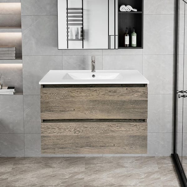 ANGELES HOME 30 in. W x 18 in. D x 23 in. H Wall-mounted Bath Vanity in Wax Oak with White Ceramic Top