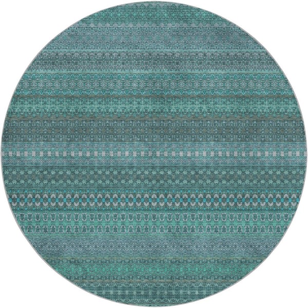 Dream Shag Premium Machine Washable Abstract ADS527 Turquoise 8 ft. x 8 ft. Round Rug