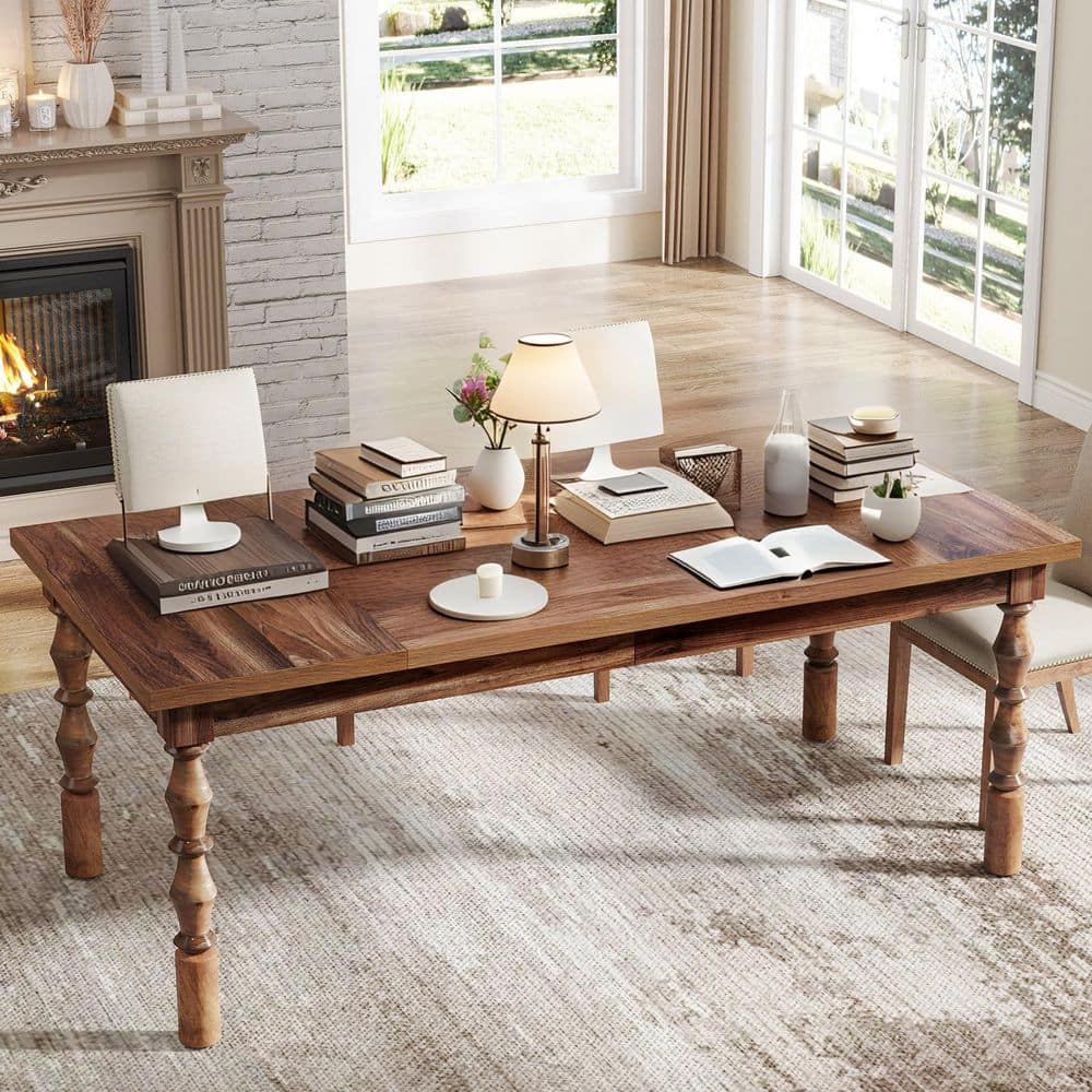 BYBLIGHT Capen 62.2 in. Rectangle Walnut Wood Executive Office Desk, Farmhouse Computer Desk with Carved Turned Legs Home Office BB-F1848YQ