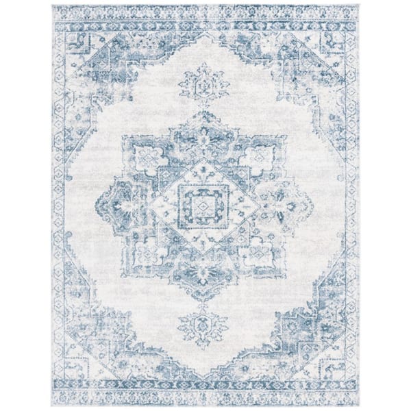 Layla 8 ft. x 10 ft. Ivory Gray/Blue Border Ornate Medallion Area Rug