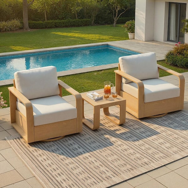 Sebastian 3-Piece Beige Swivel Patio Conversation Set with Aluminum Frame, 6.3 in. Thick Seat Cushion, Rust-proof