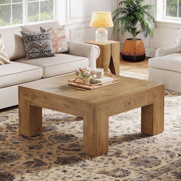 39.4 in. Light Brown Square Wood Coffee Table for Living Room, Farmhouse Small Square Center Table