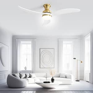 52 in. LED Indoor/Outdoor Flush Mount Smart Gold Ceiling Fan Wood Blades with Light and 6-Speed Remote