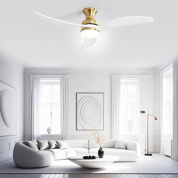 52 in. LED Indoor/Outdoor Flush Mount Smart Gold Ceiling Fan Wood Blades with Light and 6-Speed Remote