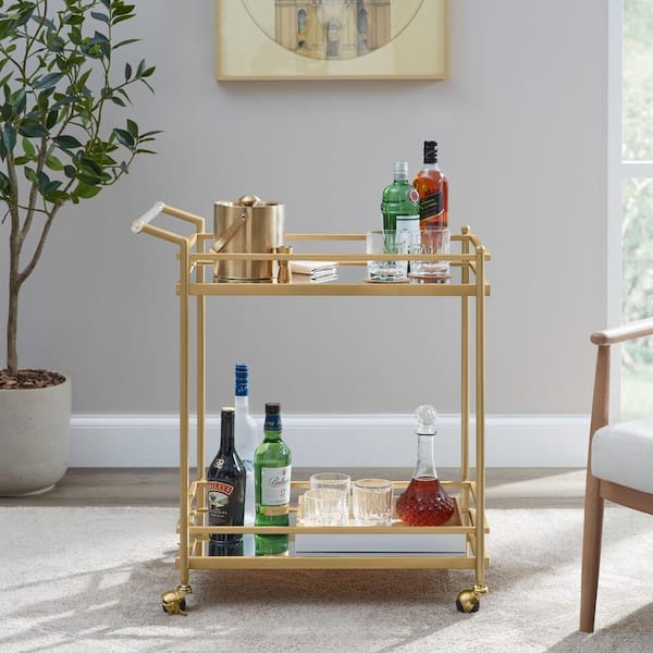 Home Decorators Collection Gold Metal Bar Cart with Mirrored Glass Shelves (29 in. W)