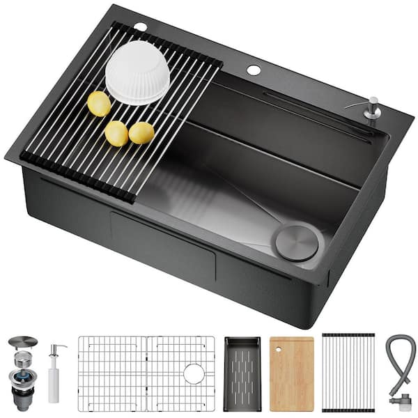 33 in. x 22 in. Black Drop In Kitchen Sink with Pop-Up Drain, 304 Stainless Steel Workstation Sink, Topmount Single Bowl