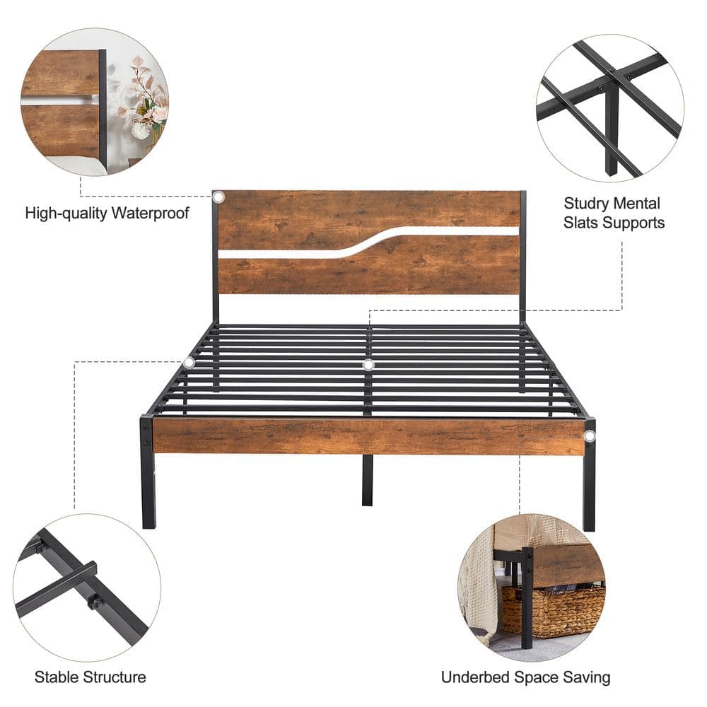 Full Metal Platform Bed Frame with Wooden Headboard，Platform Bed with Metal Frame Under Bed Storage，56.6"W，Brown - thumbnail 6