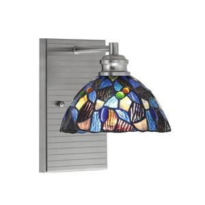 Albany 1-Light Brushed Nickel 7 in. Wall Sconce with Blue Mosaic Art Glass Shade