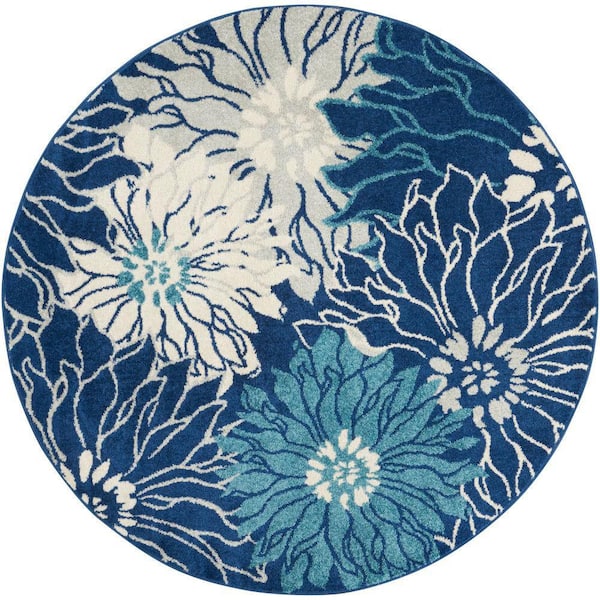 Nourison Passion Navy/Ivory 5 ft. x 5 ft. Floral Contemporary Round Area Rug