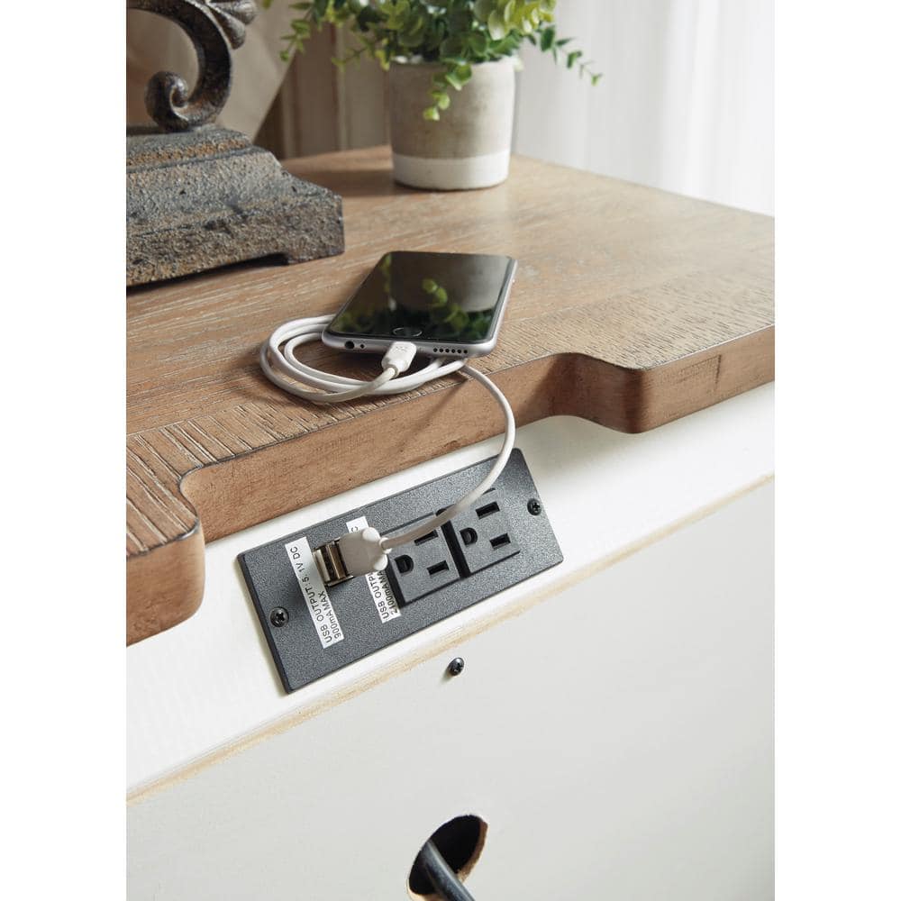 Chipped White & Distressed Wood 3-Drawer Nightstand with USB Ports