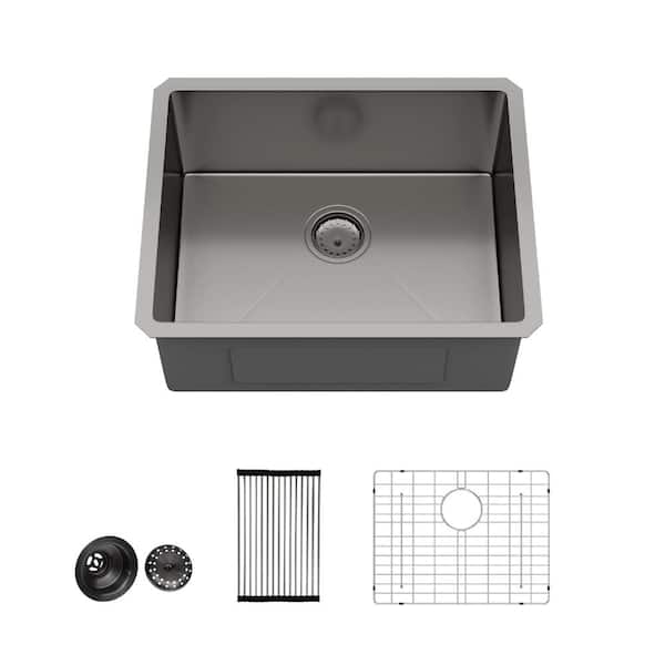 23 in. Undermount Gunmetal Black Bar Sink 16 Gauge Stainless Steel Prep Sink with Bottom Grid and Drain Assembly