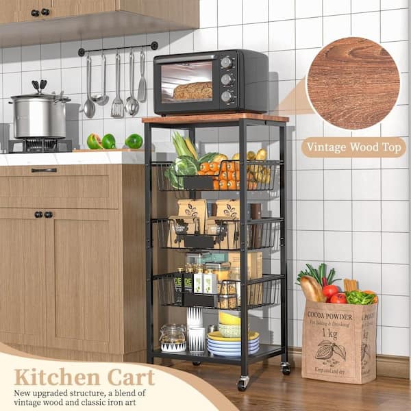 5-Shelf Black Rolling Storage Cart, Multi-Layer Kitchen Organizer Cart with Wood Top and Lockable Universal Wheels