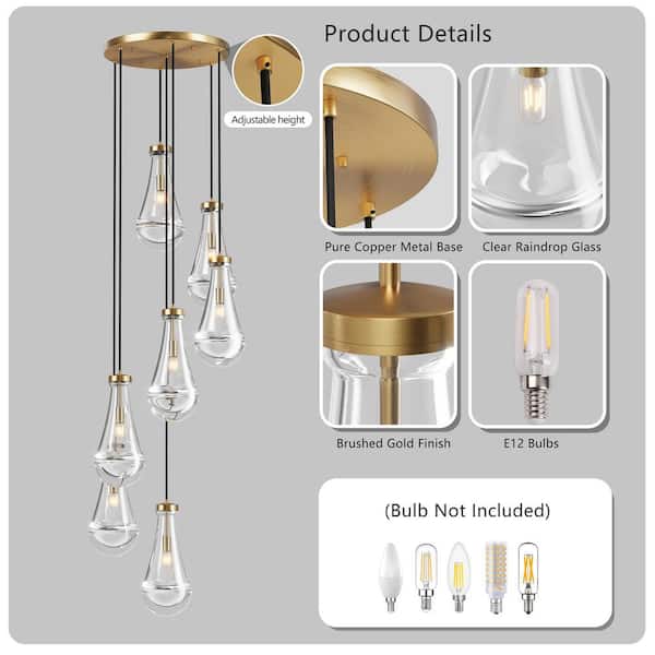 Jushua 7-Light Gold High Ceiling Chandeliers Adjustable Cluster
