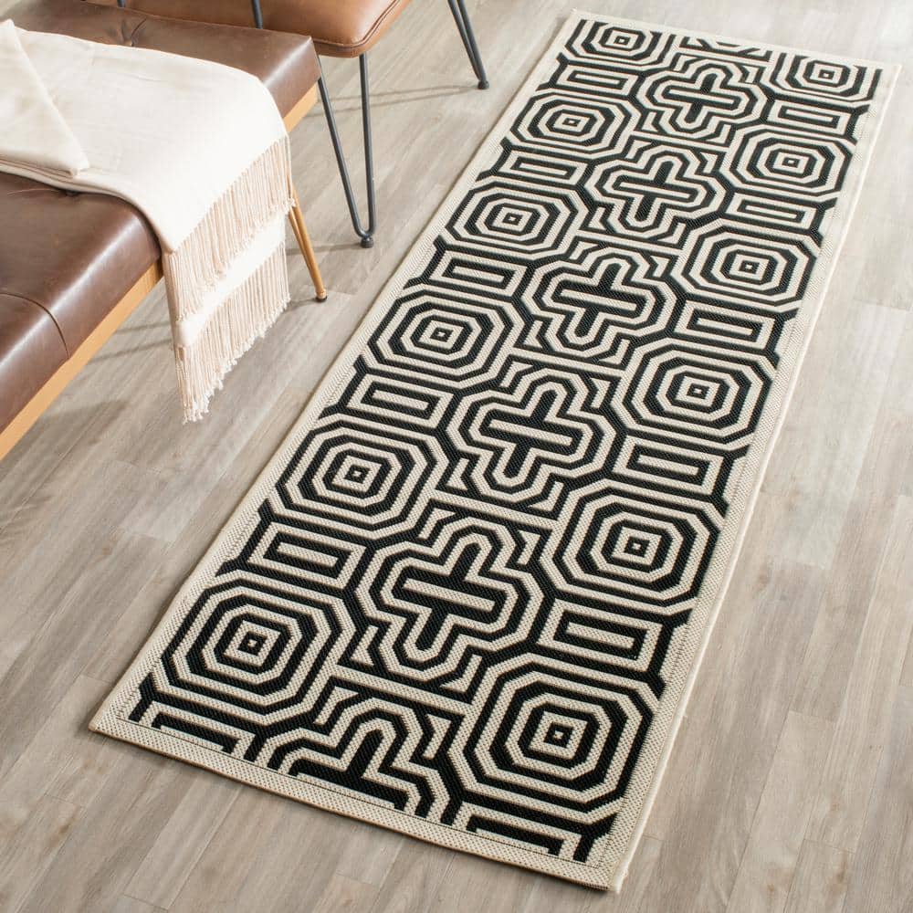Beige and Black Geometric Flat Woven Outdoor Runner