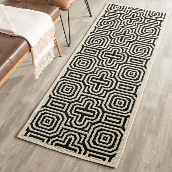 Courtyard Sand/Black 2 ft. x 7 ft. Border Indoor/Outdoor Patio  Runner Rug