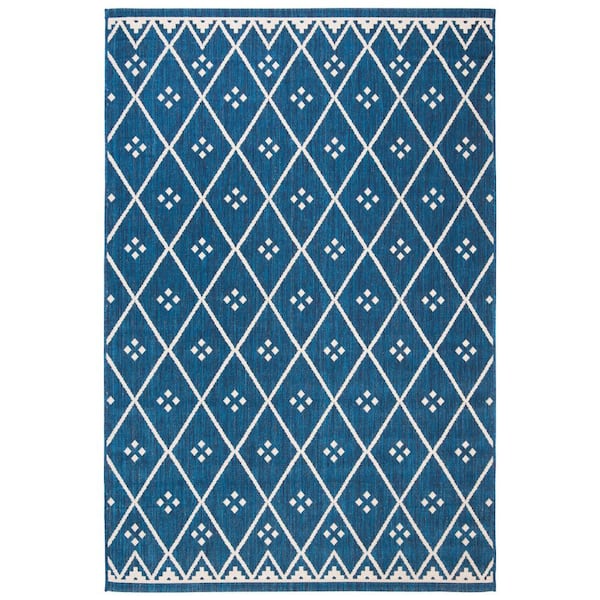 Courtyard Navy/Light Beige 4 ft. x 6 ft. Tribal Diamond Indoor/Outdoor Patio  Area Rug