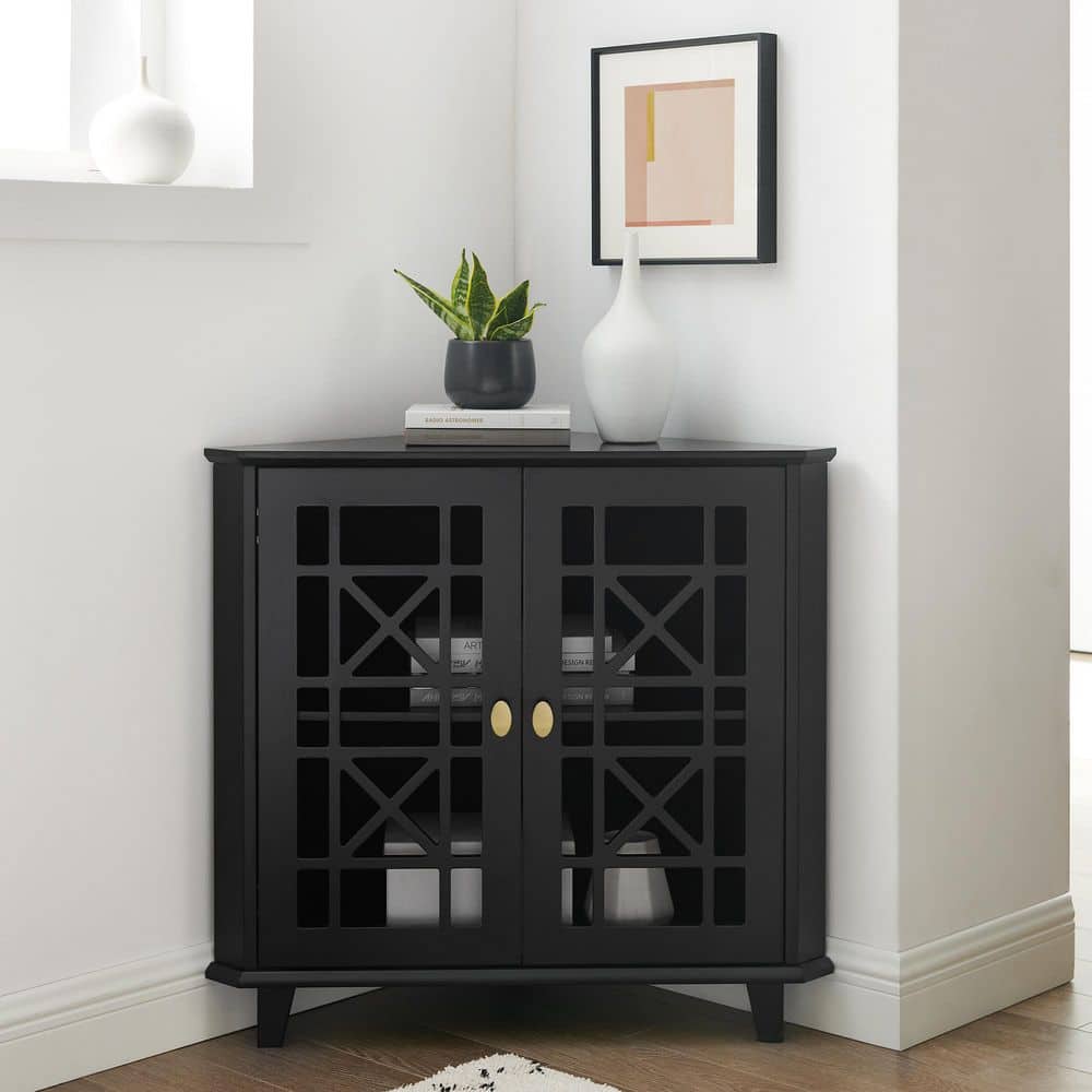 Fretwork Corner Accent Cabinet - Black