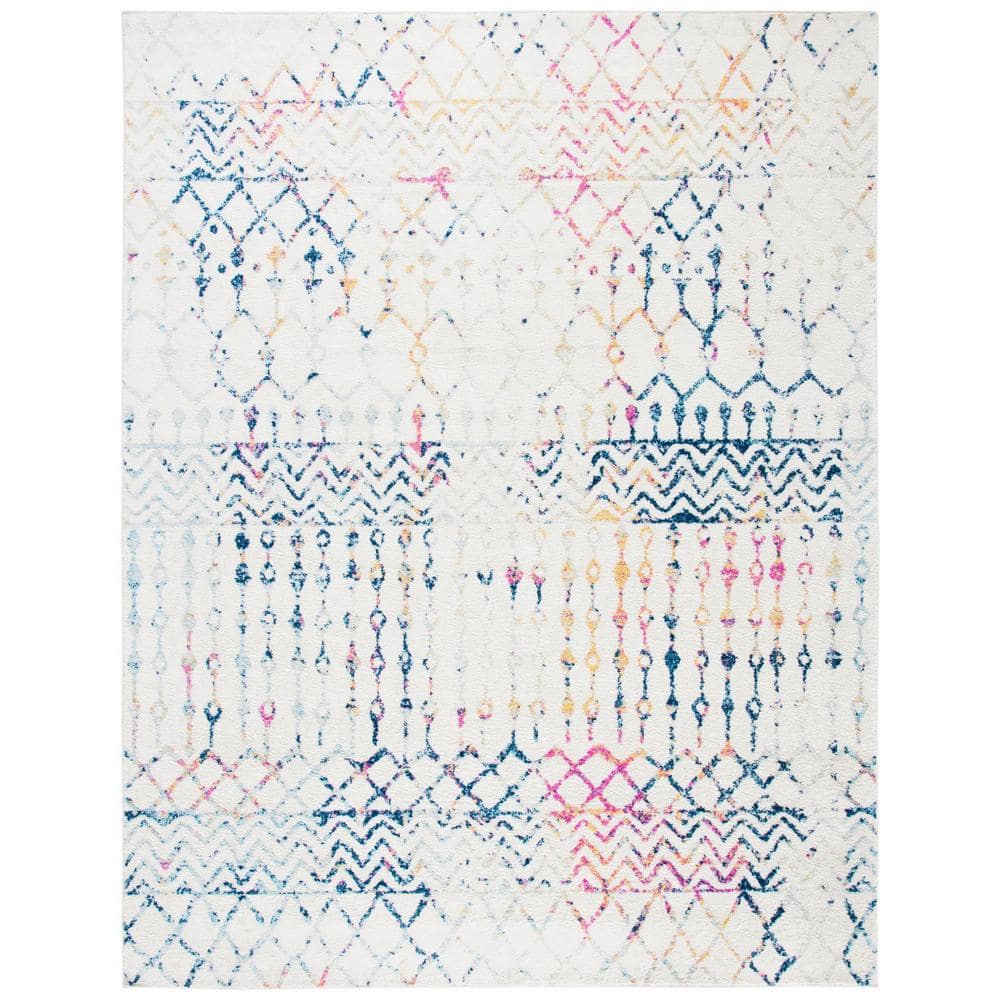 Ivory and Blue Moroccan Boho Distressed Area Rug, 8' x 10'
