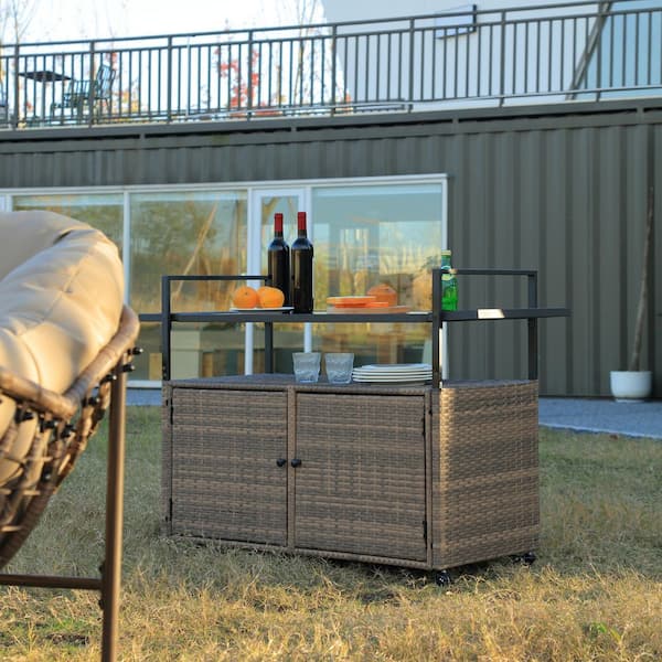 Unbranded Wicker Outdoor Bar Table, Bar Cart with Cabinet, Terrace Bar with w/Glass Top Lockable Wheels Brown