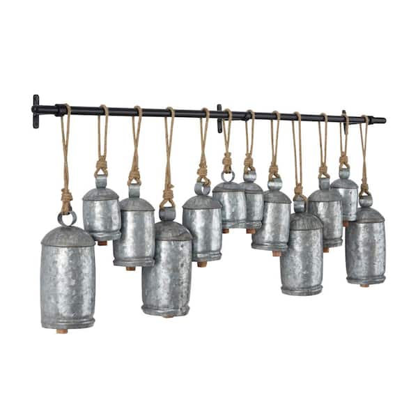Litton Lane Red Metal Tibetan Inspired Cylindrical Decorative Cow Bells with 4 Bells on Jute Hanging Rope