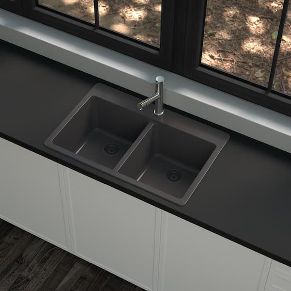 Stonehaven Drop-in/Undermount Black Onyx Granite Composite 33 in 50/50  Double Bowl Kitchen Sinks with Black Strainer