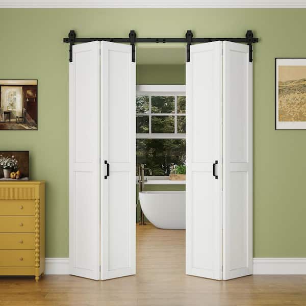 72 in. x 84 in. Paneled White Primed H Shape MDF Pre-Drilled Easy Assembly Bifold Sliding Barn Door with Hardware Kit