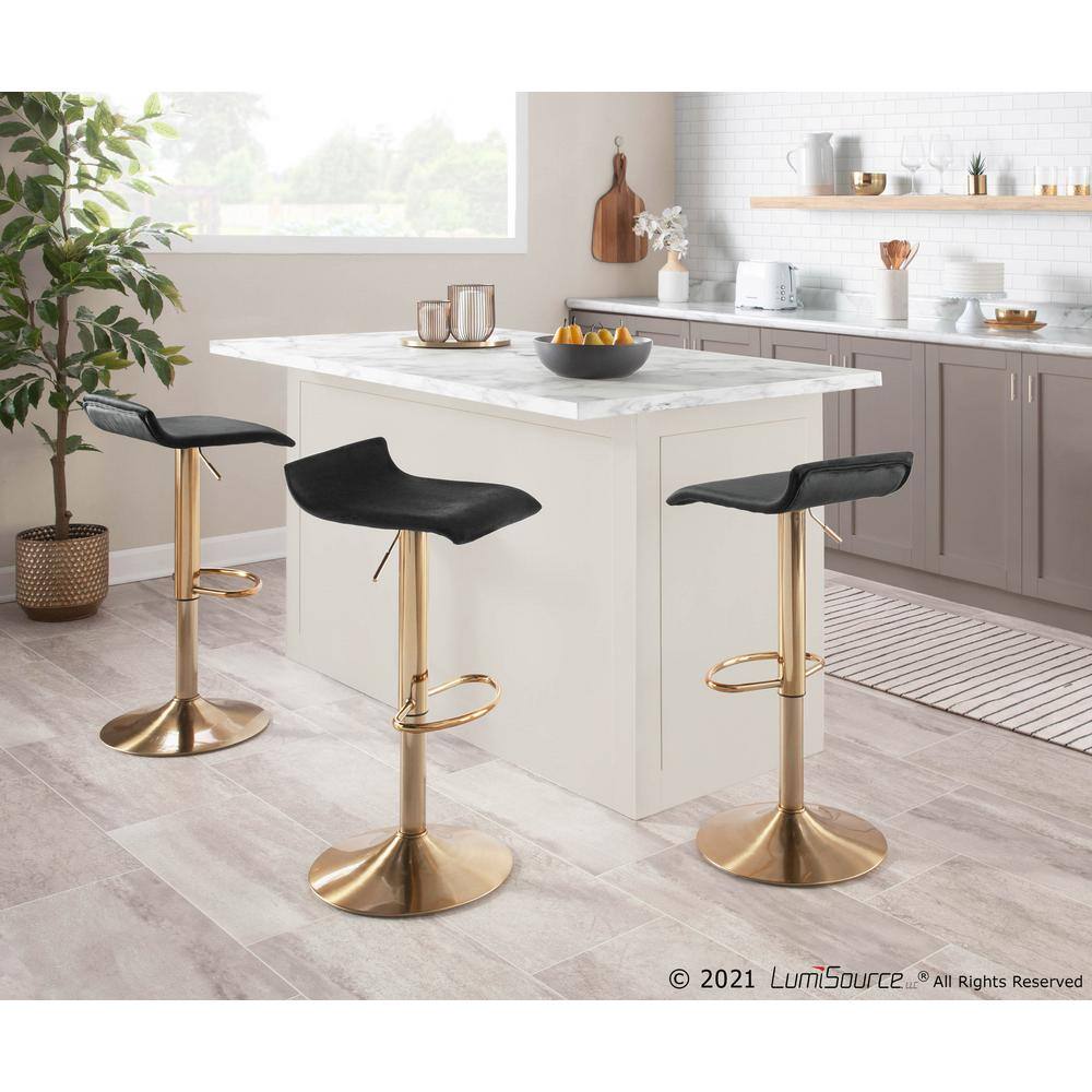 Ale Adjustable Black Velvet and Gold Metal Swivel Barstool Set